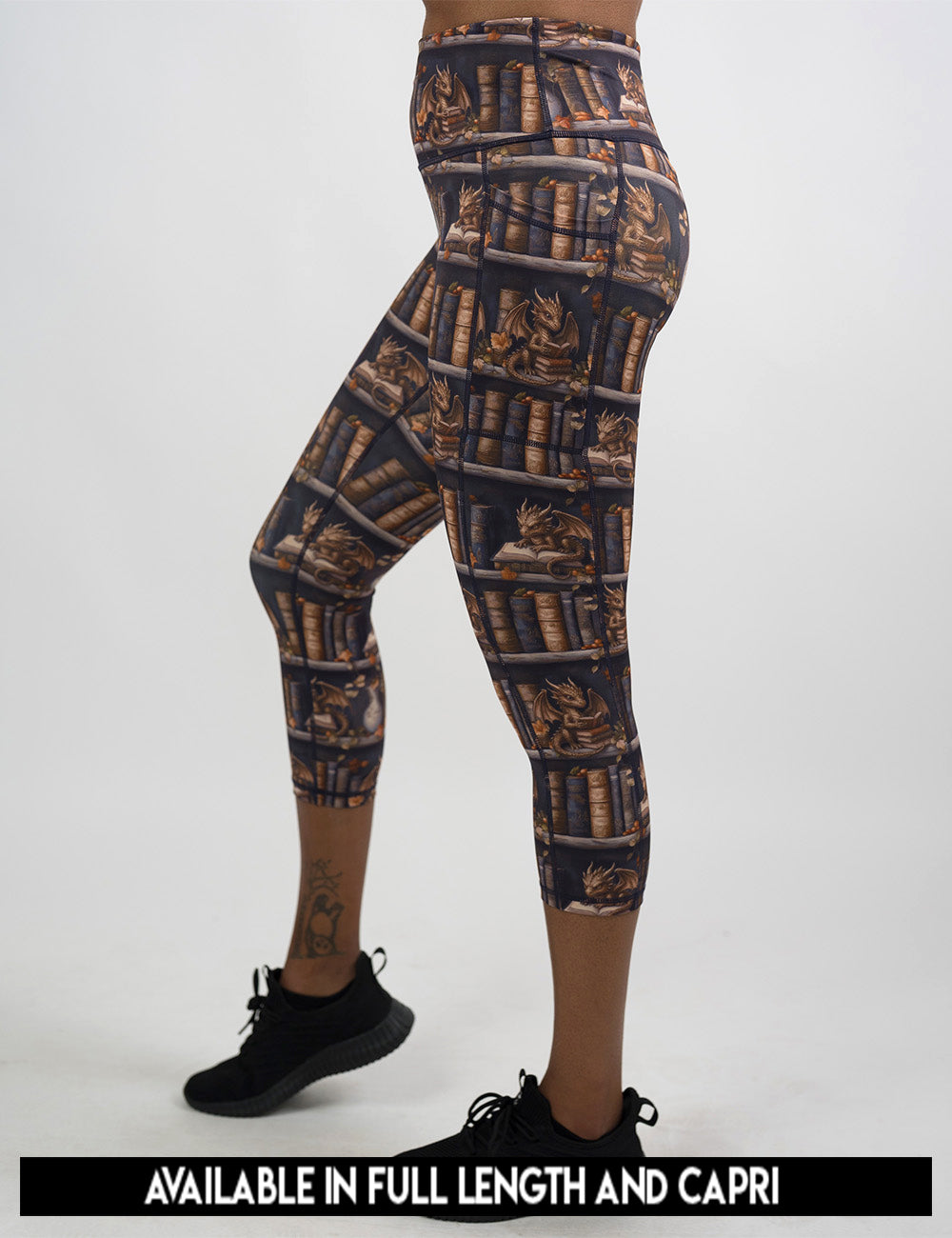 available inseam lengths for the gold dragons reading books, lengths include full length and capri