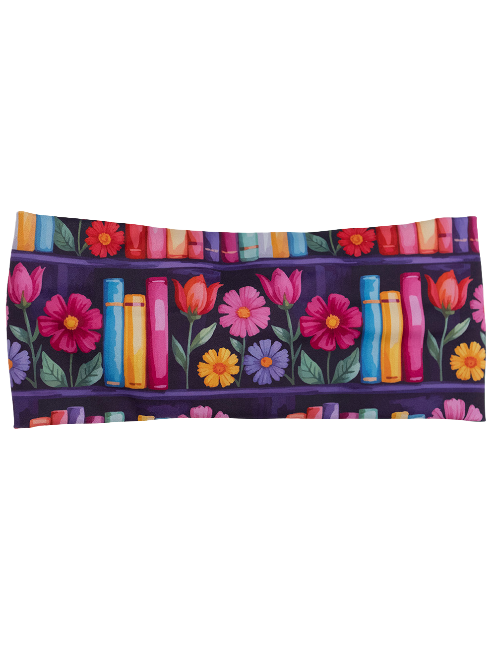 front of the brightly colored books and flowers headband against a white background