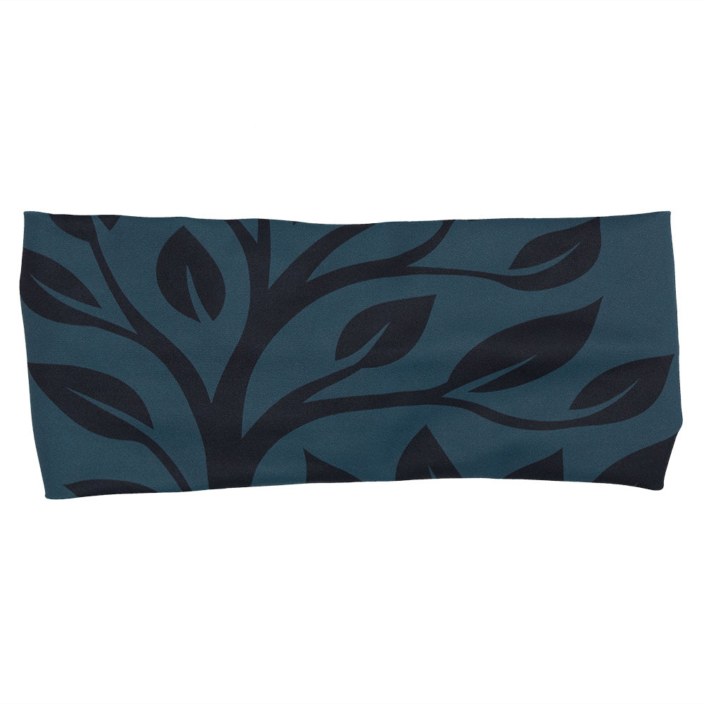 Teal headband with black leaf pattern on a white background