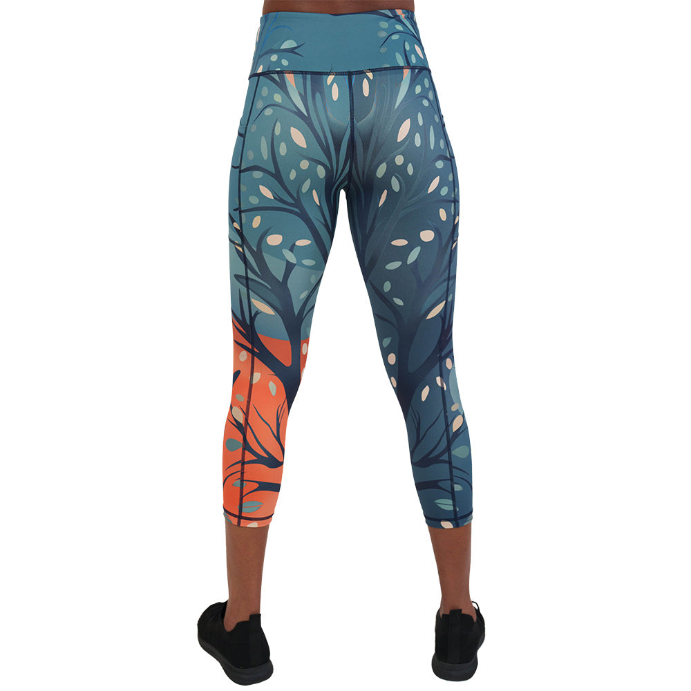 back of the Blue leaf-patterned leggings