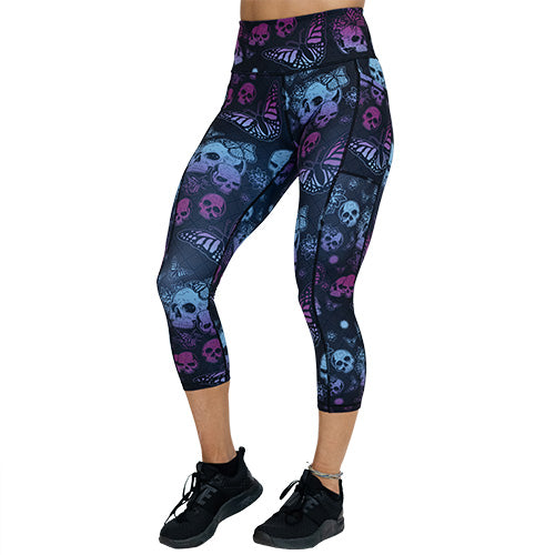 capri length purple and blue skull and butterfly leggings