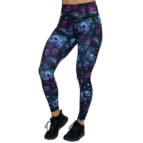 full length purple and blue skull and butterfly leggings