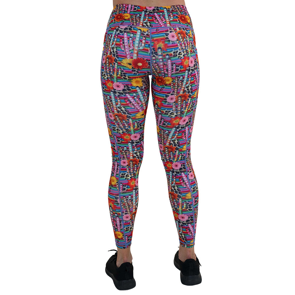 back of the colorful cactus and flower print leggings