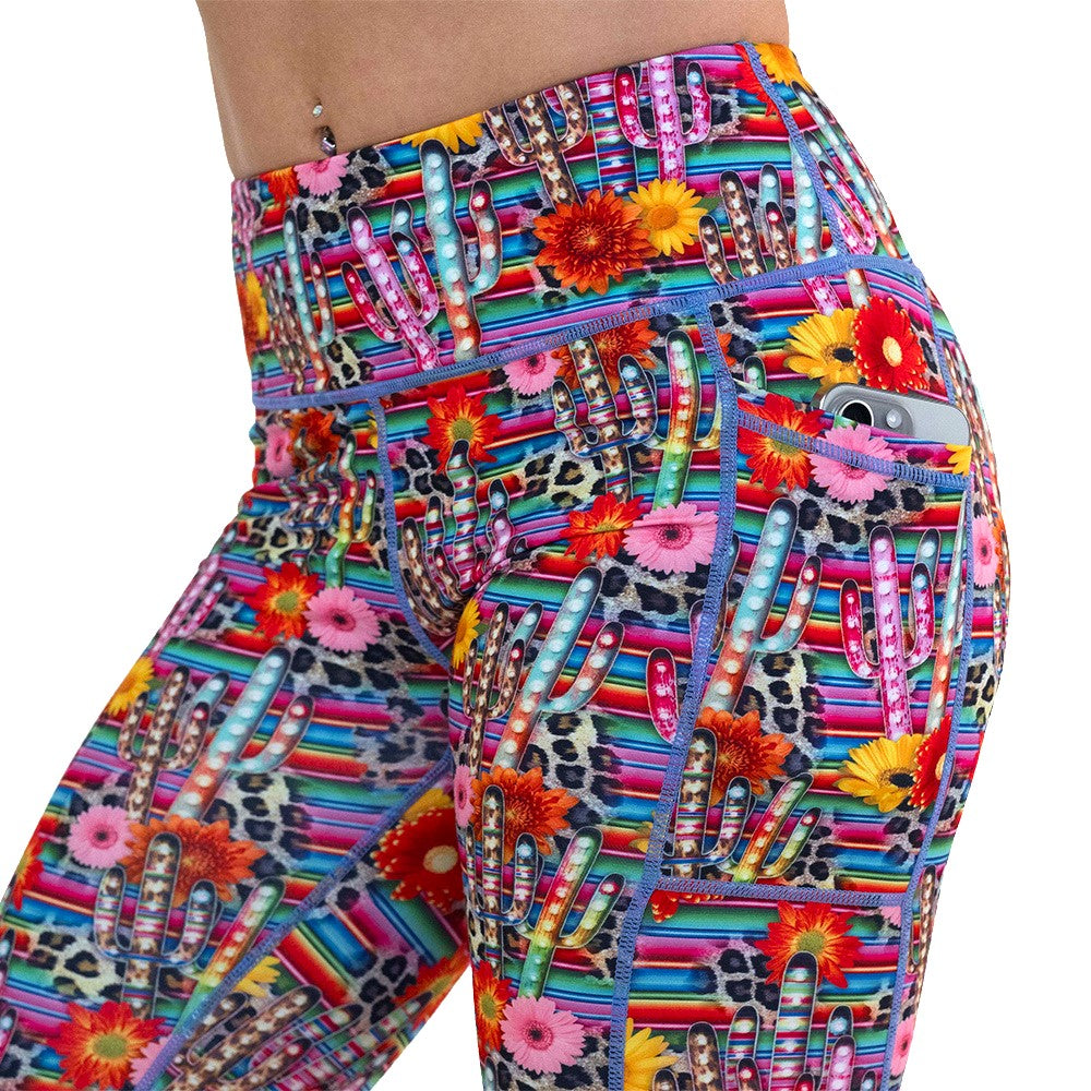 side pocket on the colorful cactus and flower print leggings