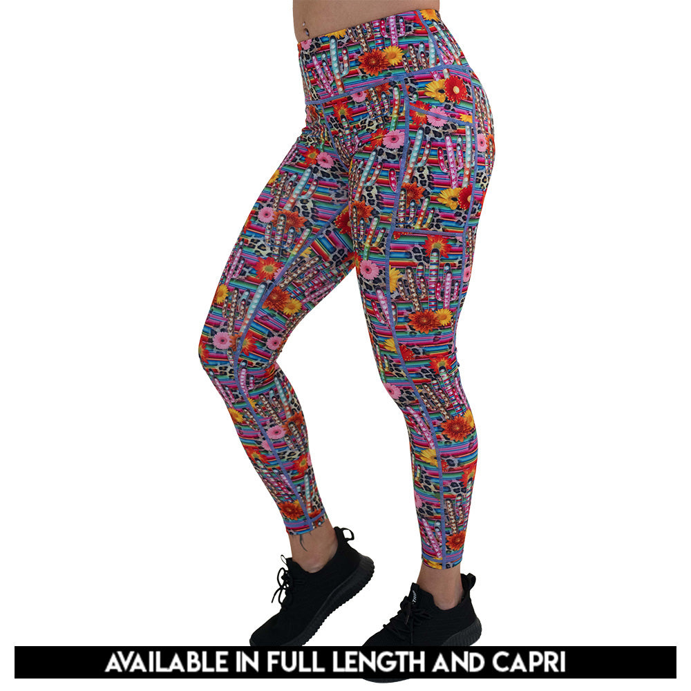 colorful cactus and flower print leggings available in full and capri length