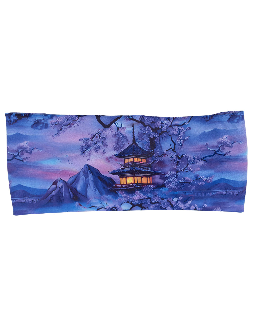 front of the blue and lavender headband with blooming cherry trees and a pagoda against a white background