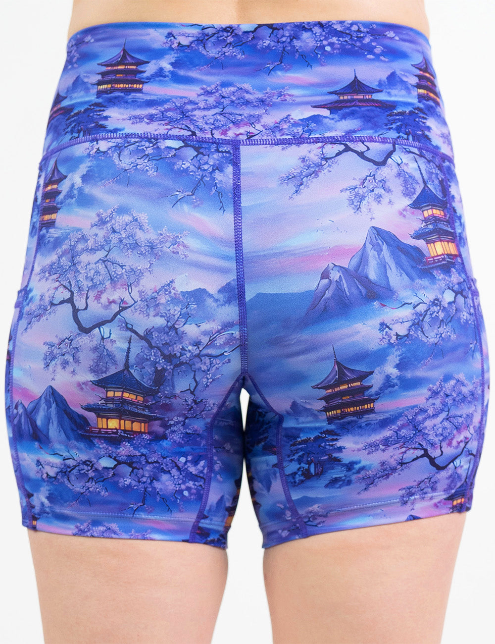 back of the 5 inch blue and lavender shorts with traditional pagodas and blooming cherry trees
