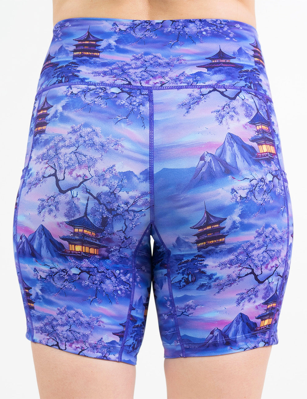 back of the 7 inch blue and lavender shorts with traditional pagodas and blooming cherry trees