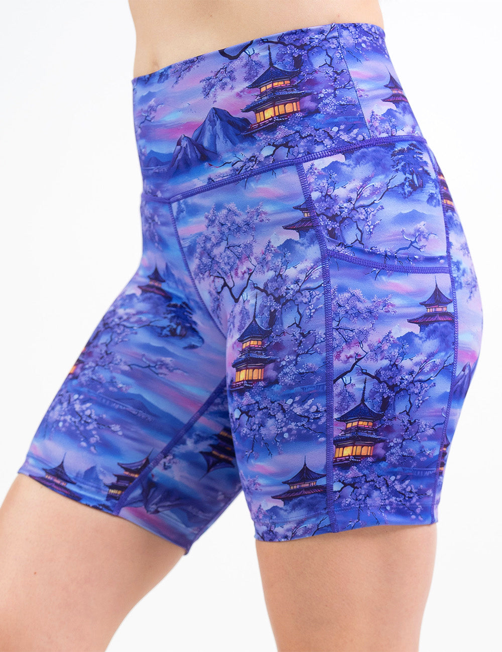 front of the 7 inch blue and lavender shorts with traditional pagodas and blooming cherry trees