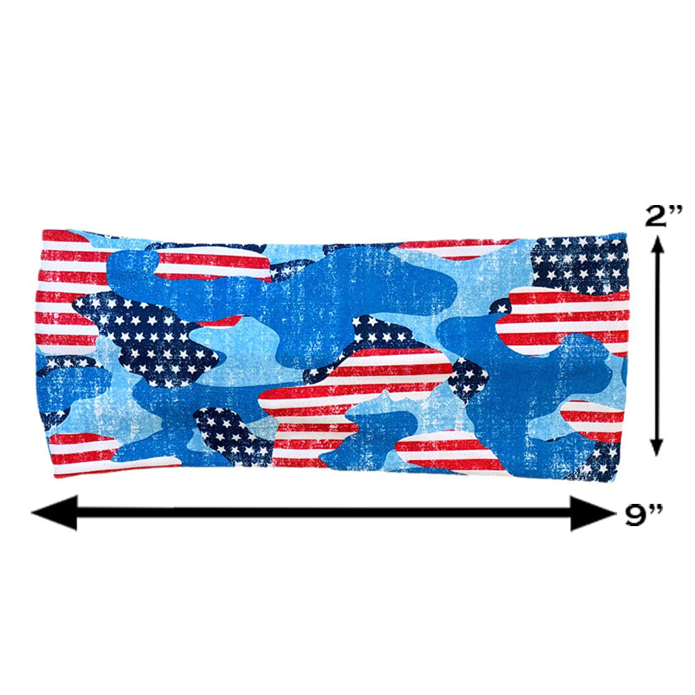 camo flag print headband measured at 2 by 9 inches