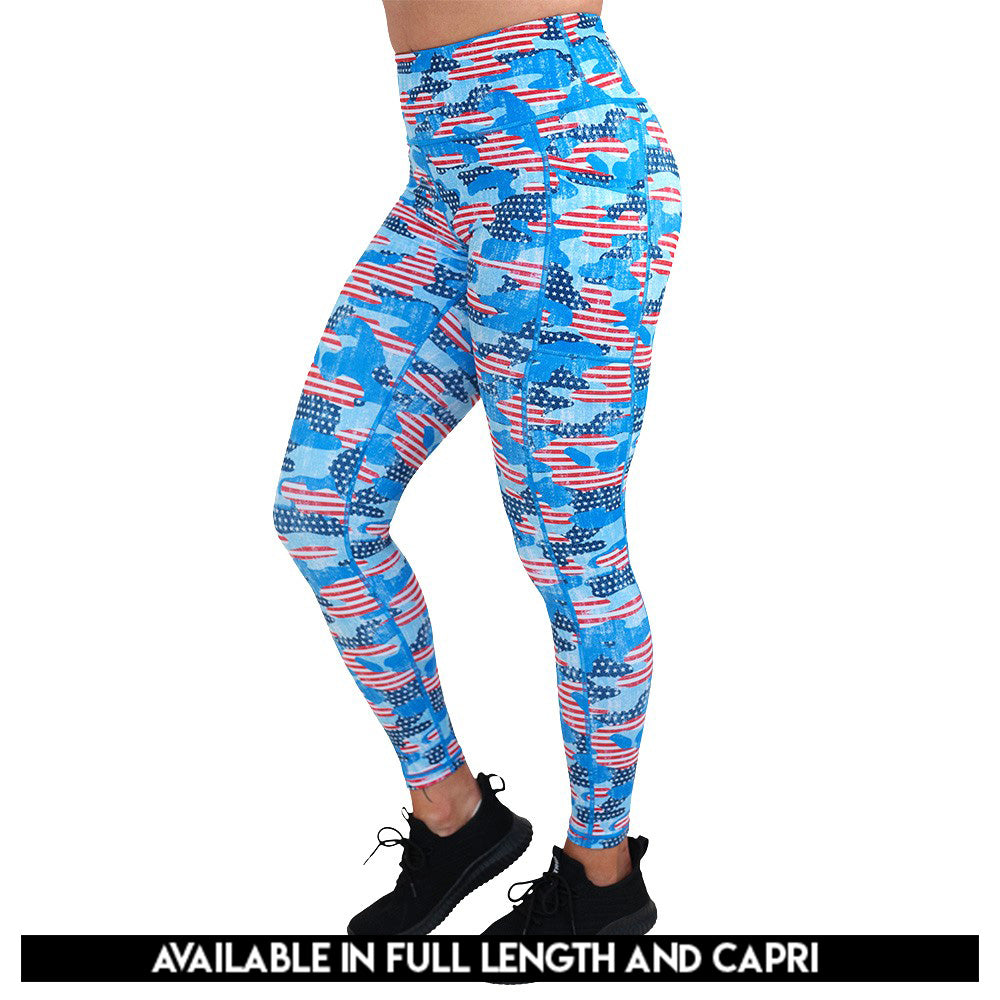 camo flag print leggings available in full and capri length