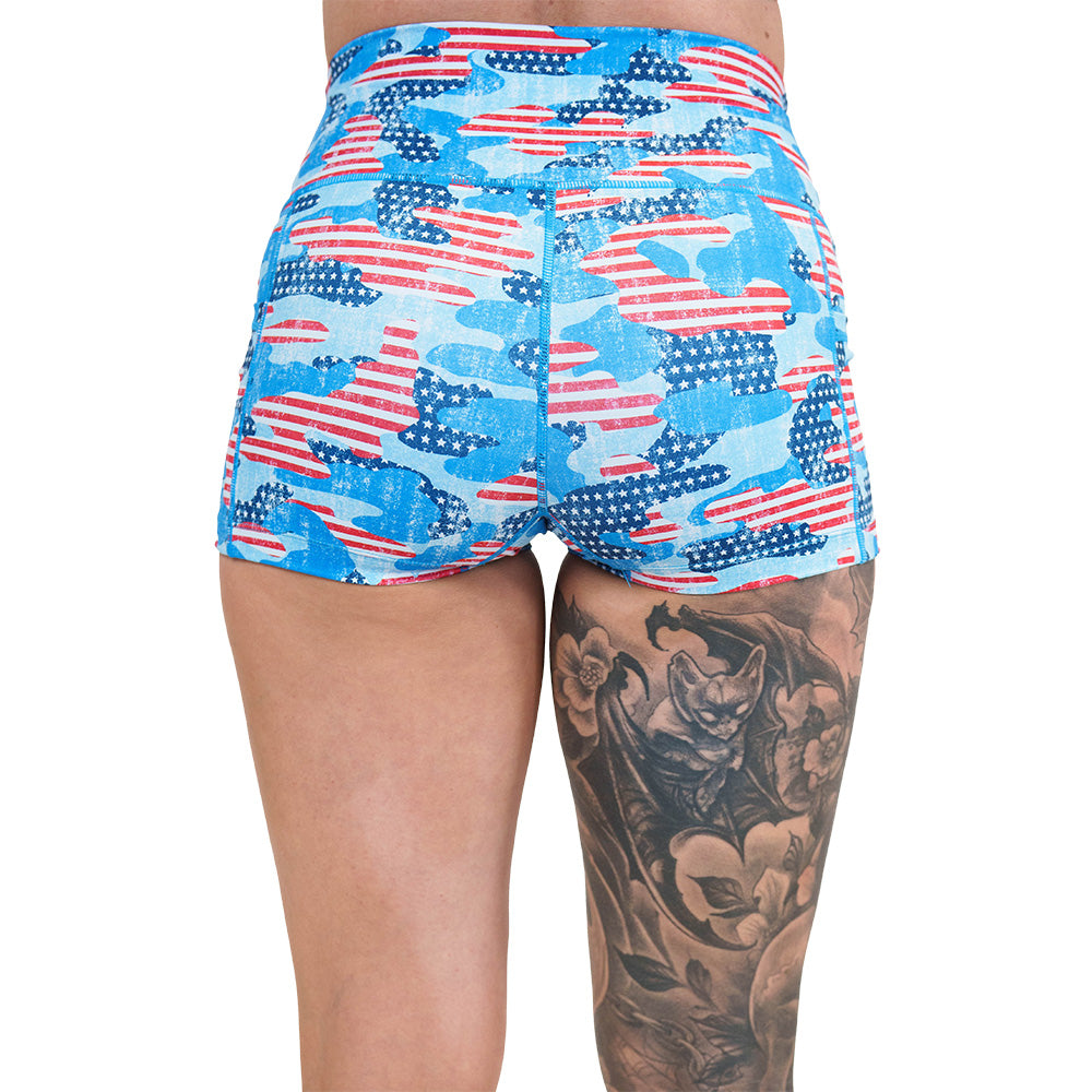back of the camo flag print shorts