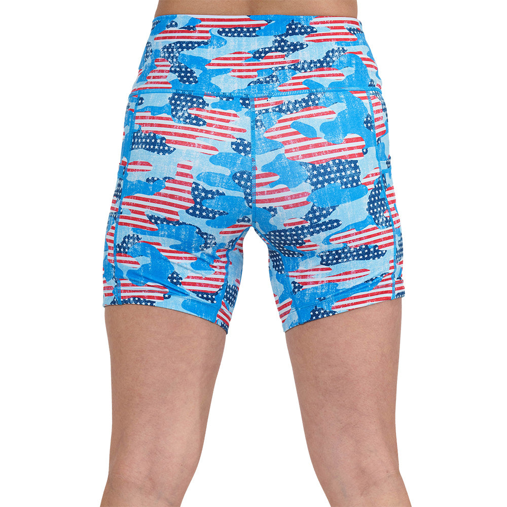 back of the camo flag print shorts