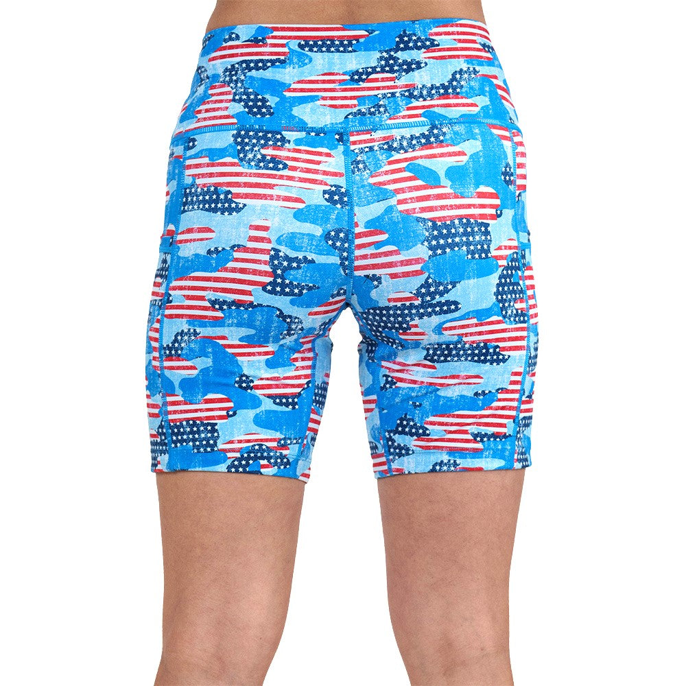 back of the camo flag print shorts