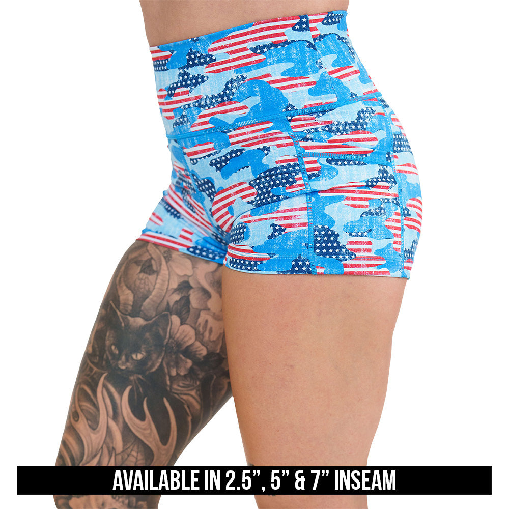 camo flag print shorts available in 2.5, 5 & 7 inch inseams