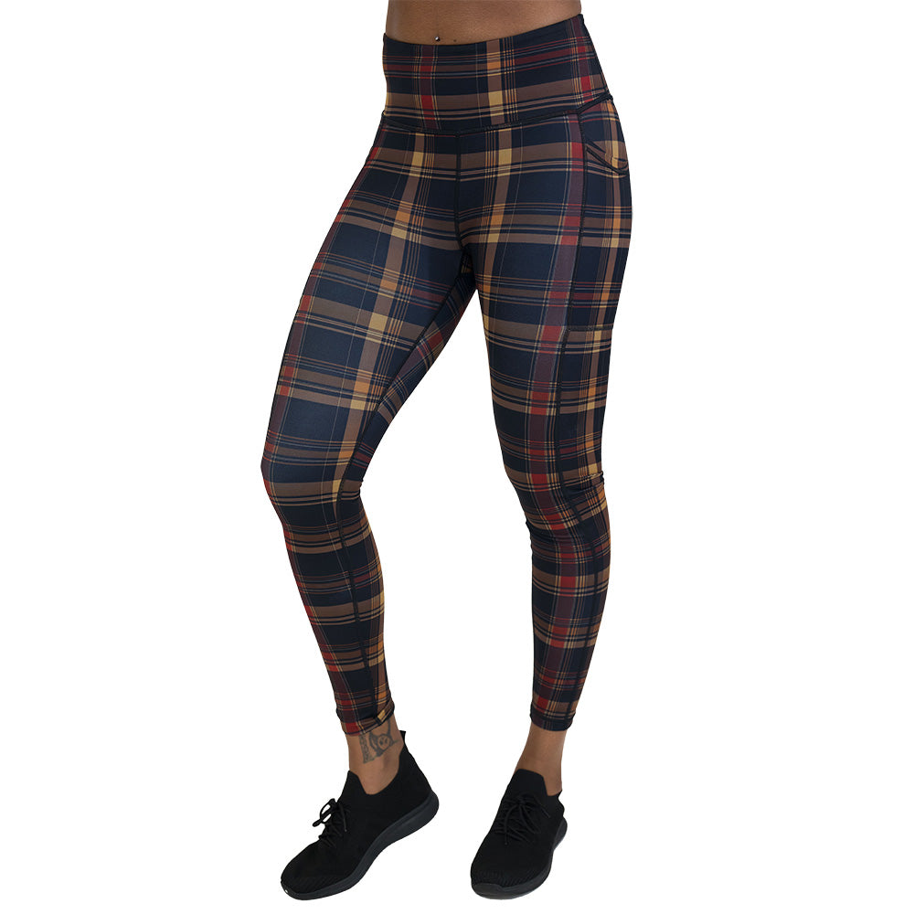 brown, yellow & red plaid patterned leggings