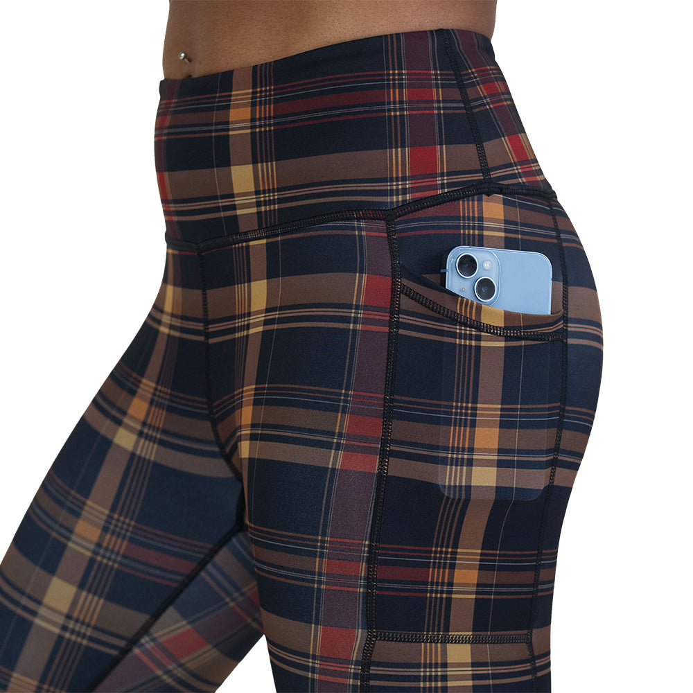 pocket on the brown, yellow & red plaid patterned leggings