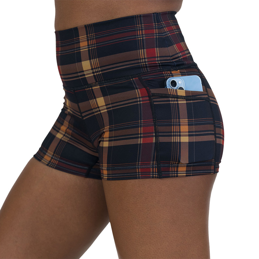 side pocket on the brown, yellow & red plaid patterned shorts