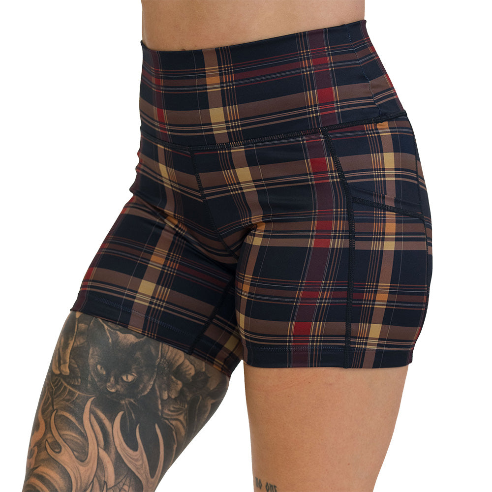brown, yellow & red plaid patterned shorts