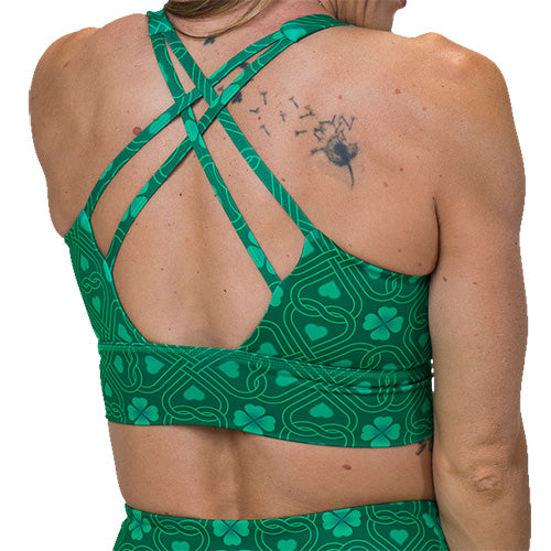 back of green celtic knots patterned sports bra