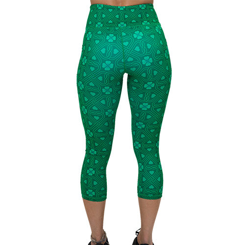 back of capri length green celtic knots patterned leggings
