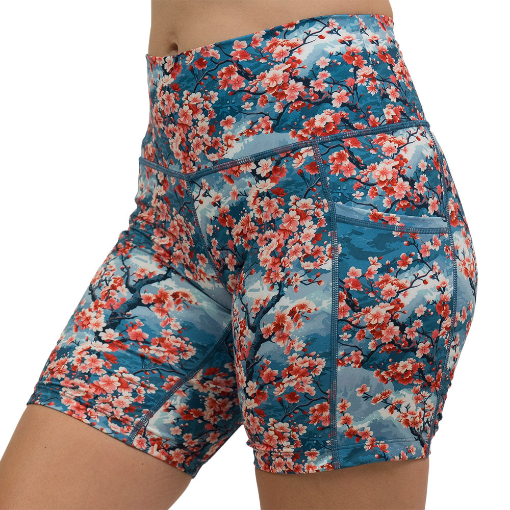 front of blooming cherry tree print 7 inch shorts against a white background