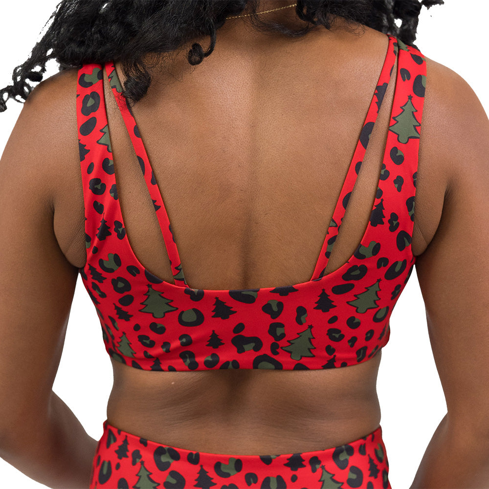 back of the red and green Christmas tree leopard print bra