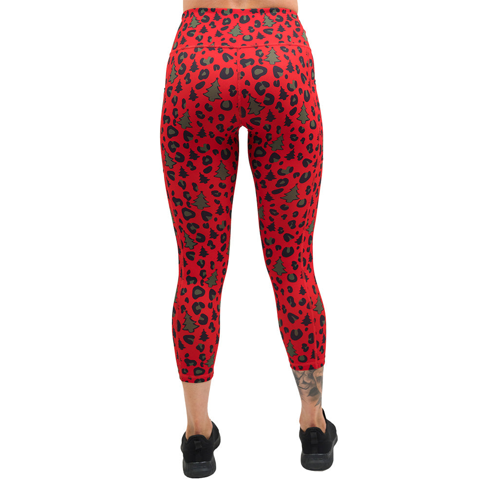 back of the red and green Christmas tree leopard print leggings
