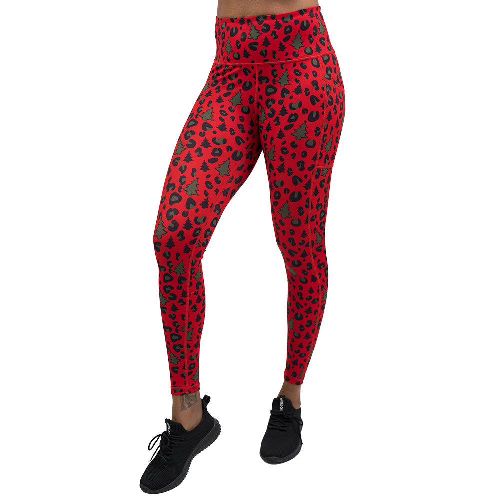 red and green Christmas tree leopard print leggings