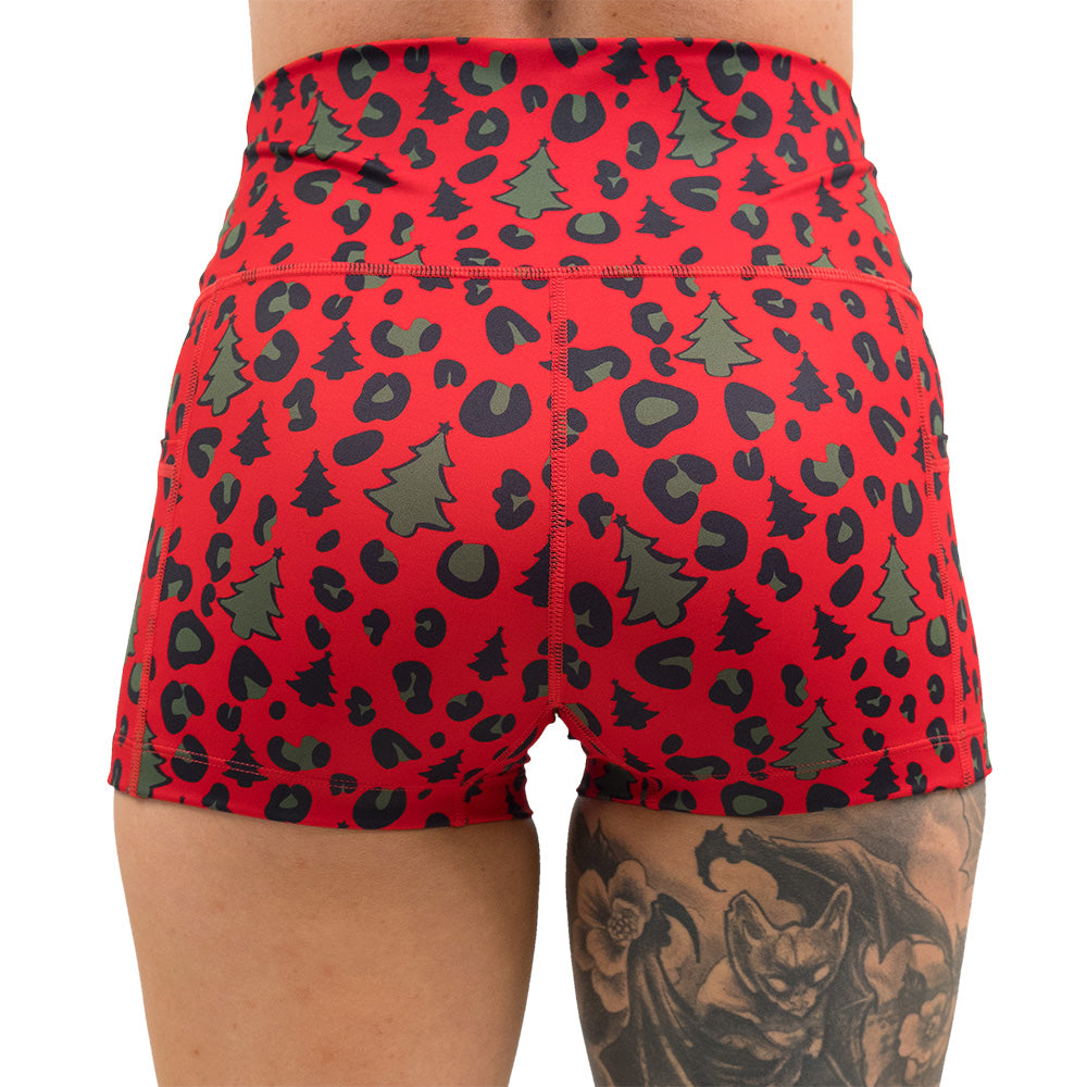 back of the red and green Christmas tree leopard print shorts