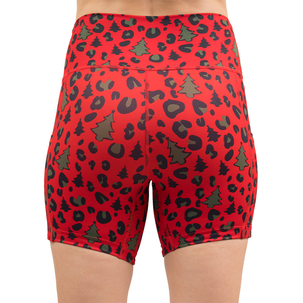 back of the red and green Christmas tree leopard print shorts