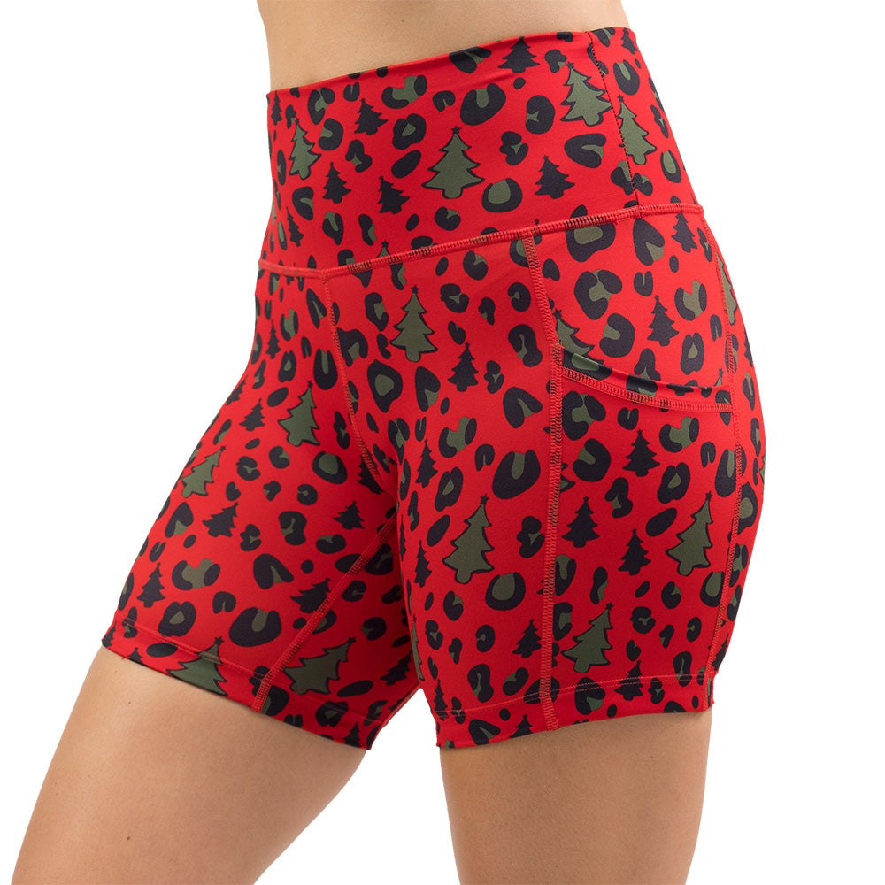 red and green Christmas tree leopard print shorts