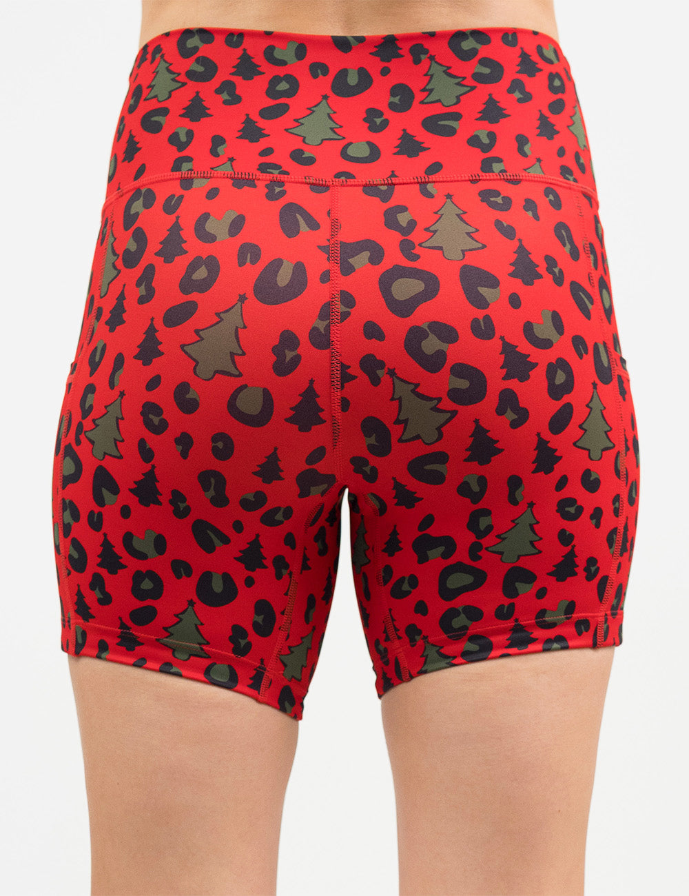 back of the red and brown Christmas trees and leopard print 5 inch shorts against a white background