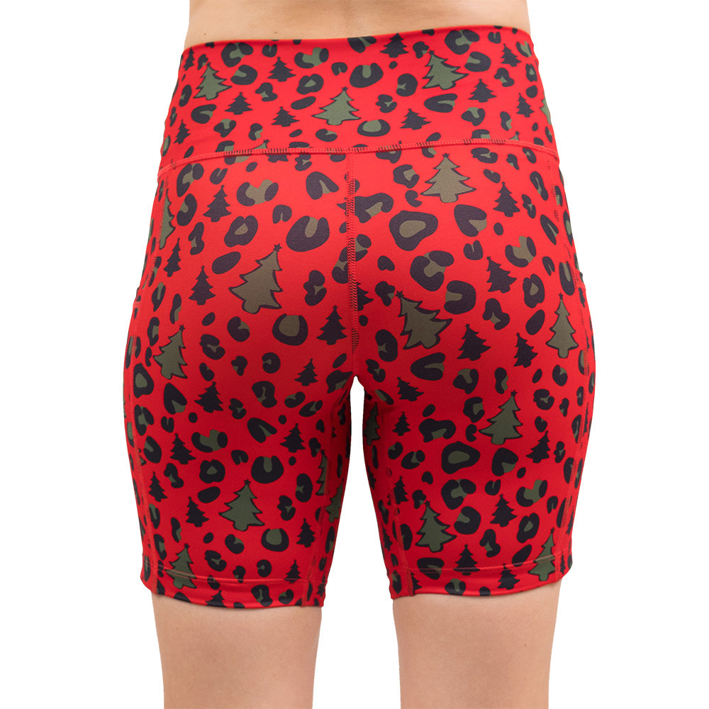 back of the red and green Christmas tree leopard print shorts