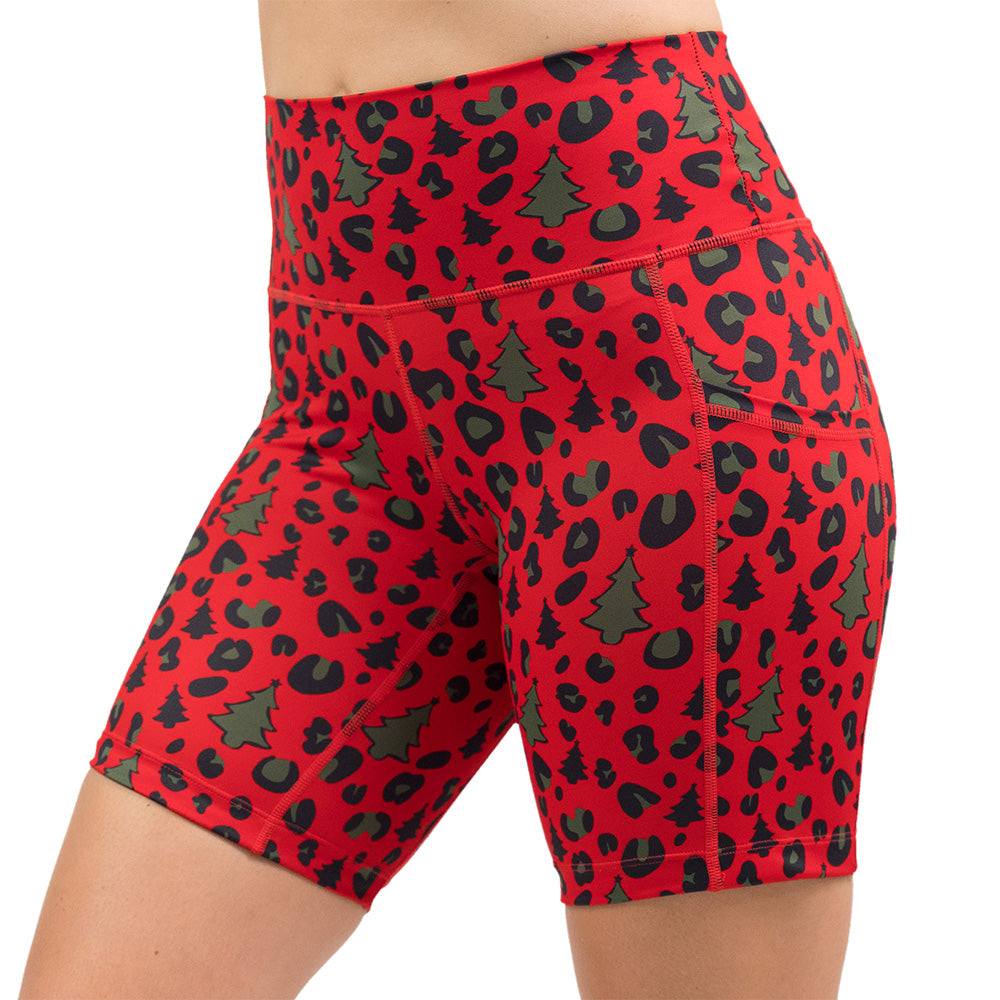 red and green Christmas tree leopard print shorts