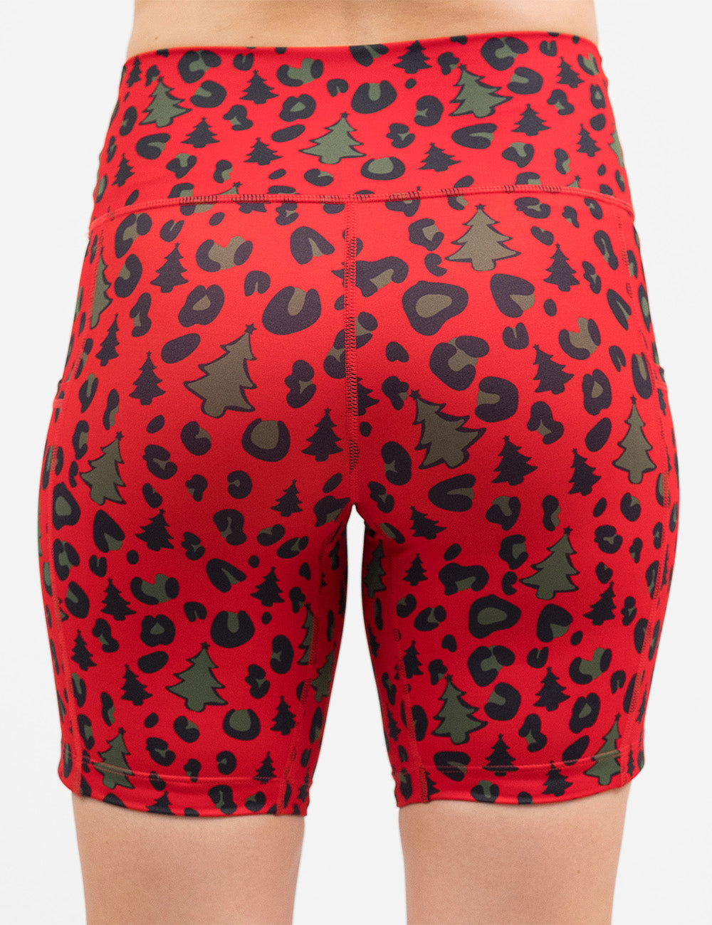 back of the red and brown Christmas trees and leopard print 7 inch shorts against a white background