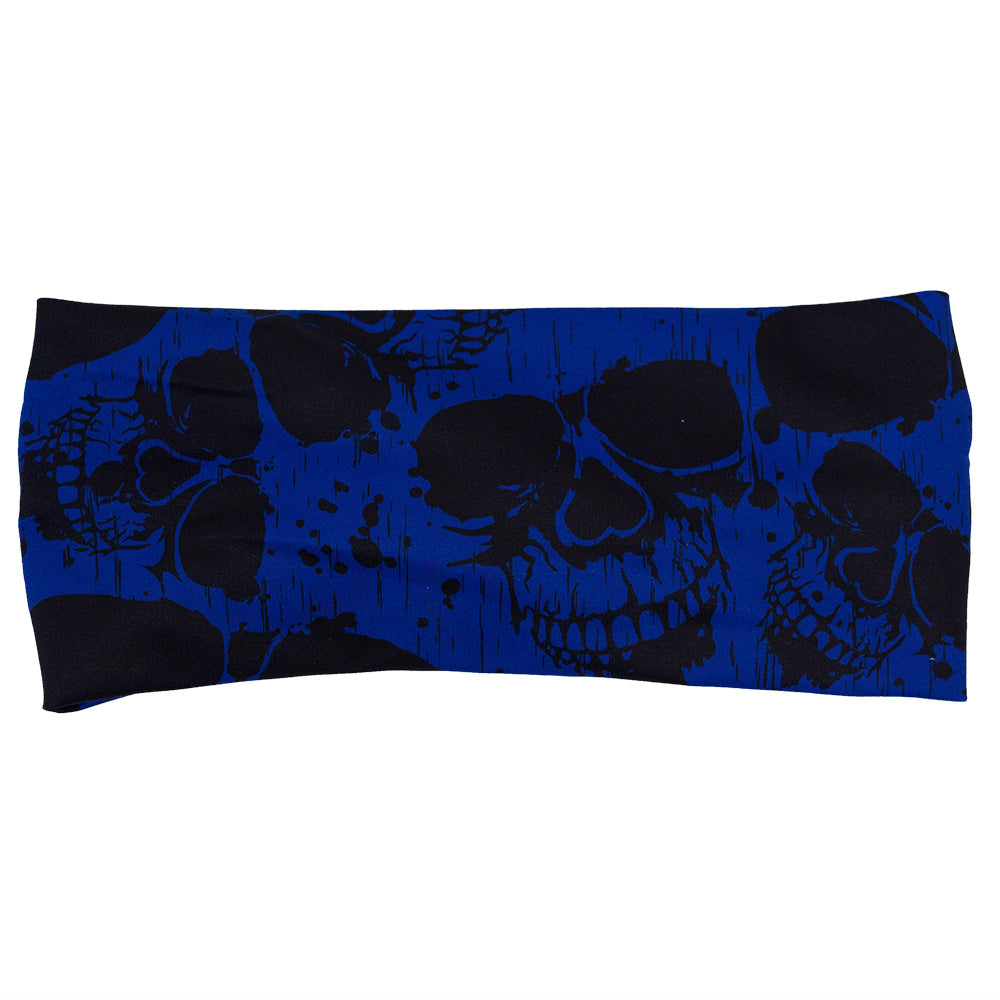 front of the dark skulls against a blue background pattern headband against a white background