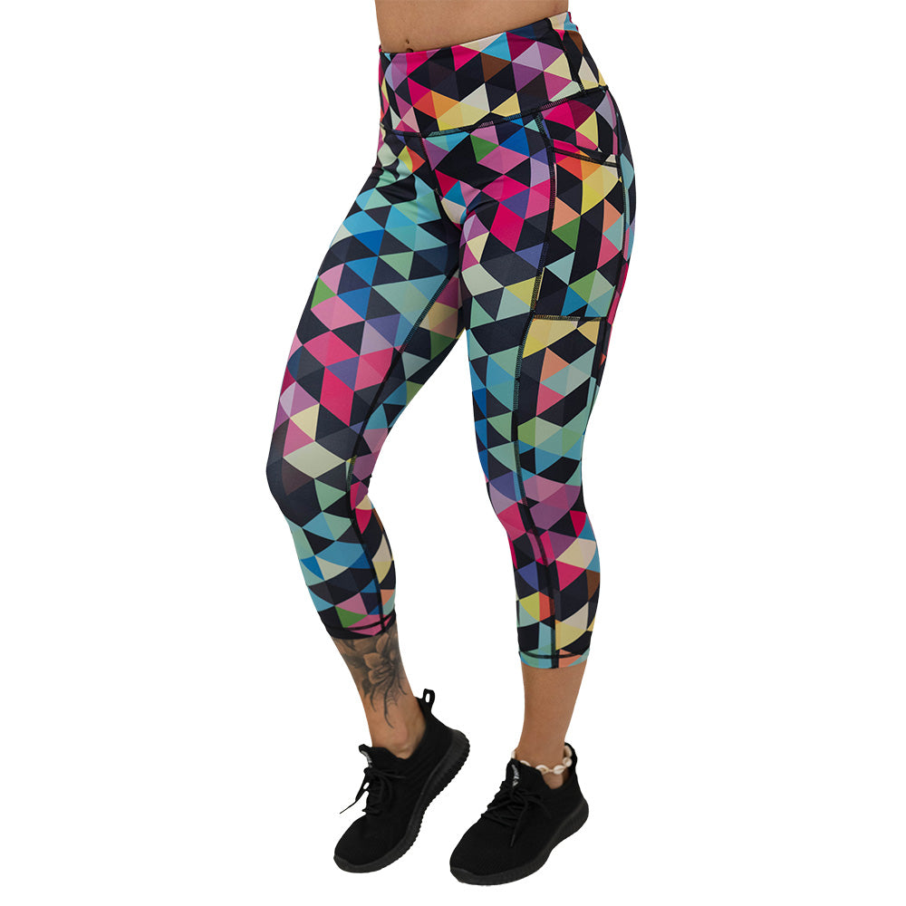Colorful geometric-patterned leggings on a white background