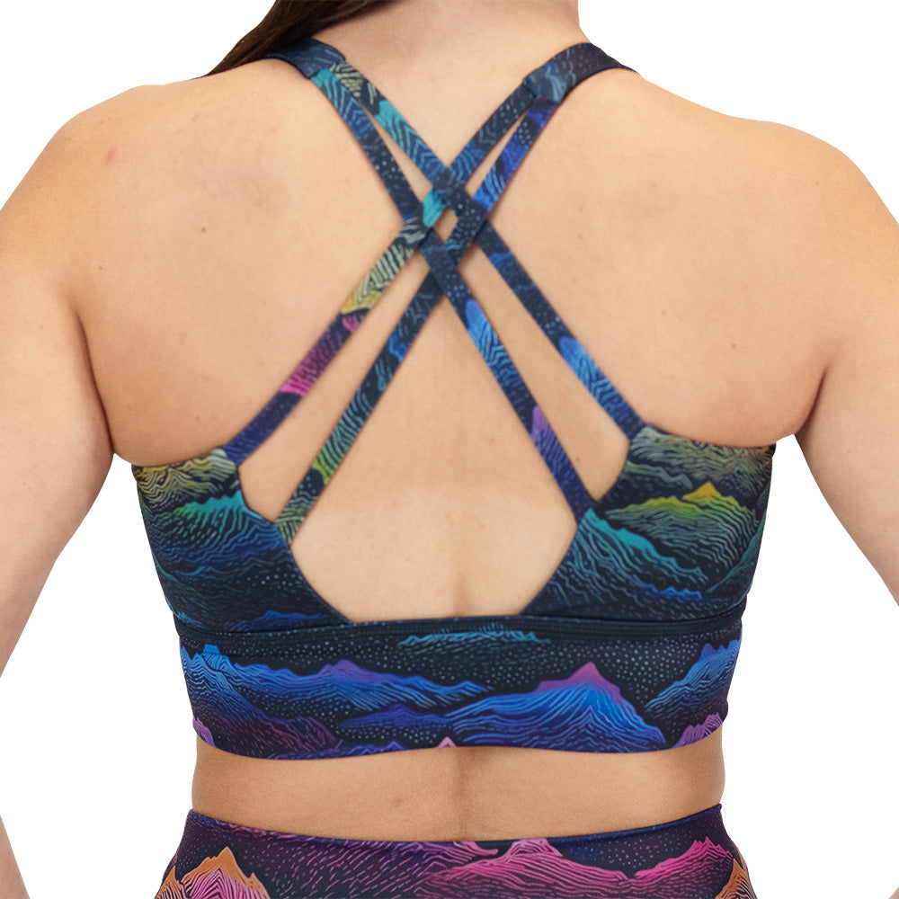 back of the colorful mountain print bra