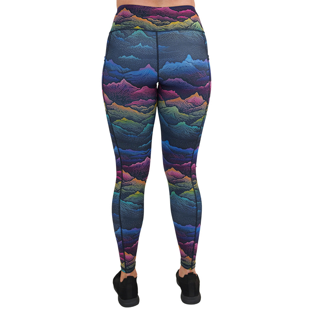 back of the colorful mountain print leggings