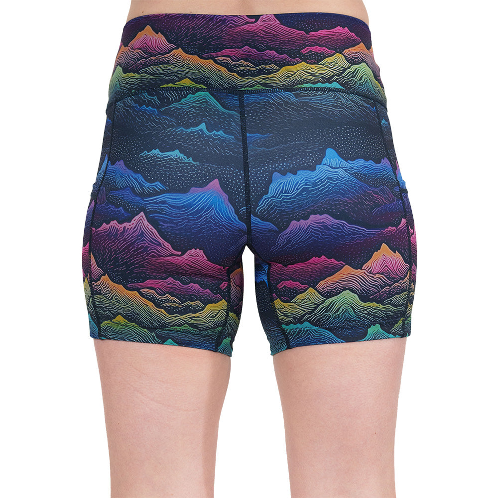 back of the colorful mountain print shorts