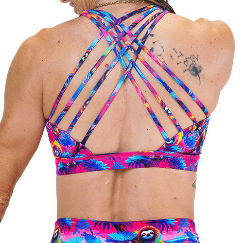 back of colorful sloth patterned sports bra