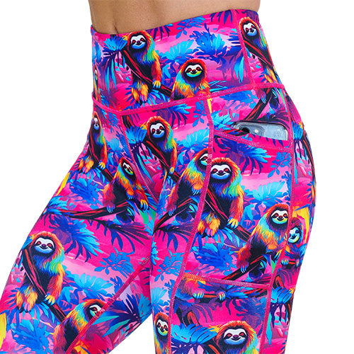 colorful sloth patterned legging's side pocket