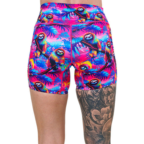 back of 5 inch colorful sloth patterned shorts