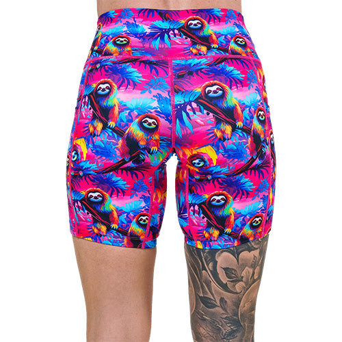 back of 7 inch colorful sloth patterned shorts