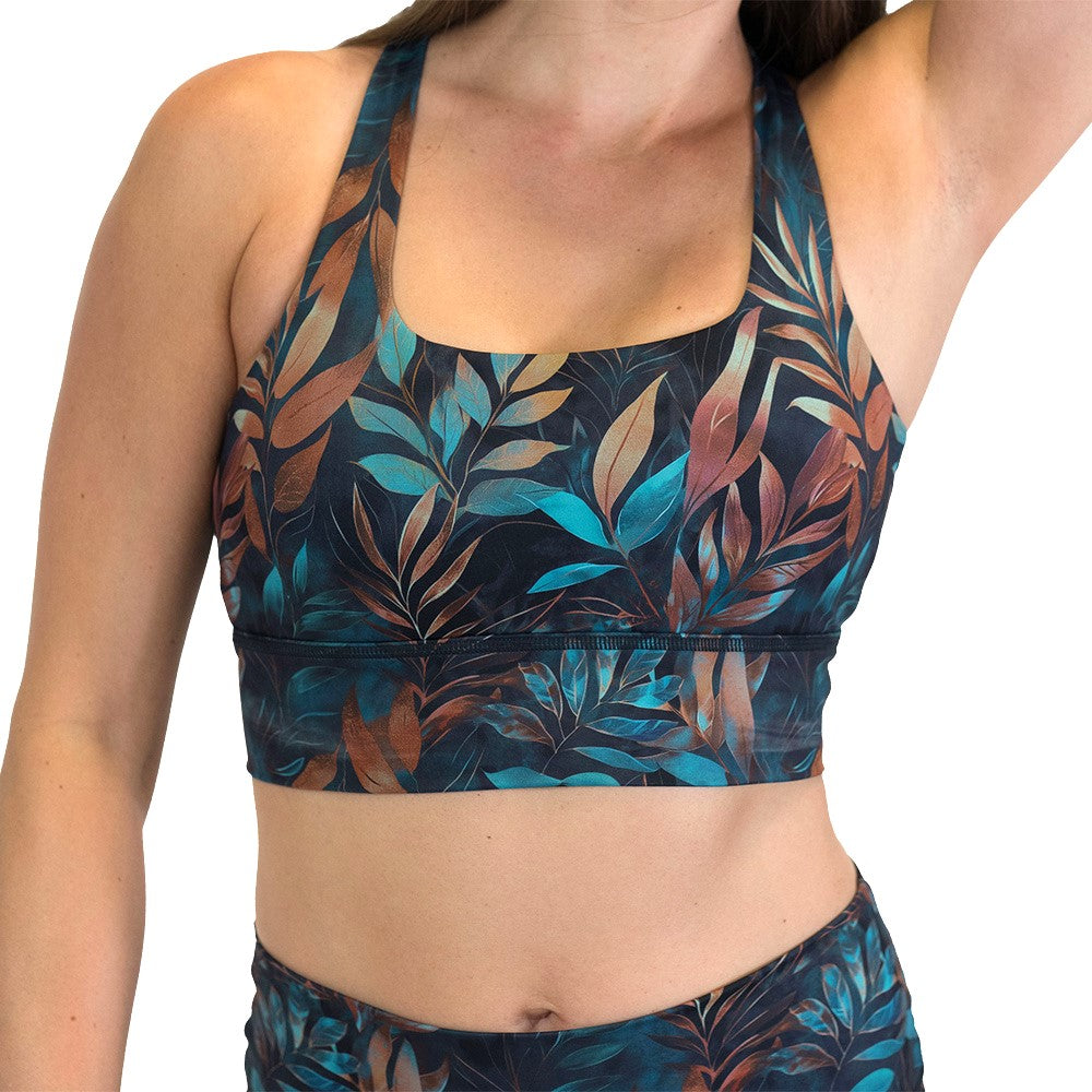 leaf-patterned sports bra