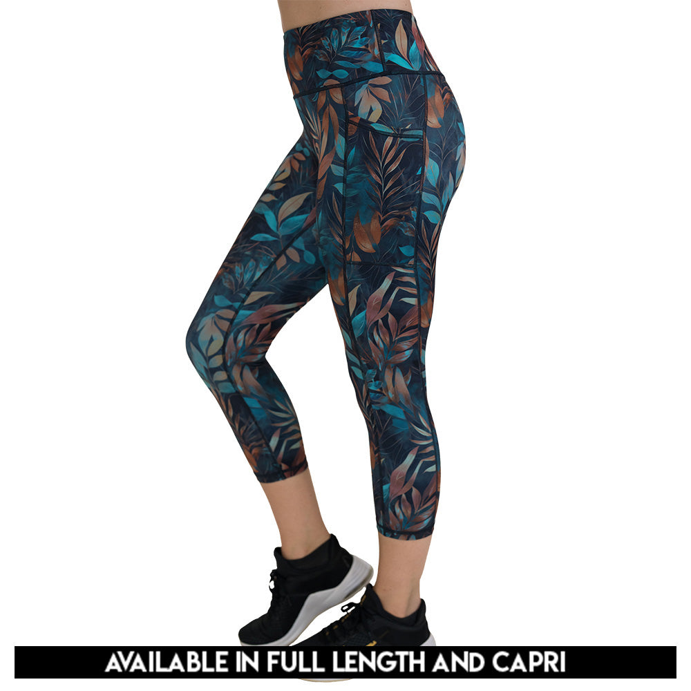 Colorful leaf-patterned leggings available in full and capri length