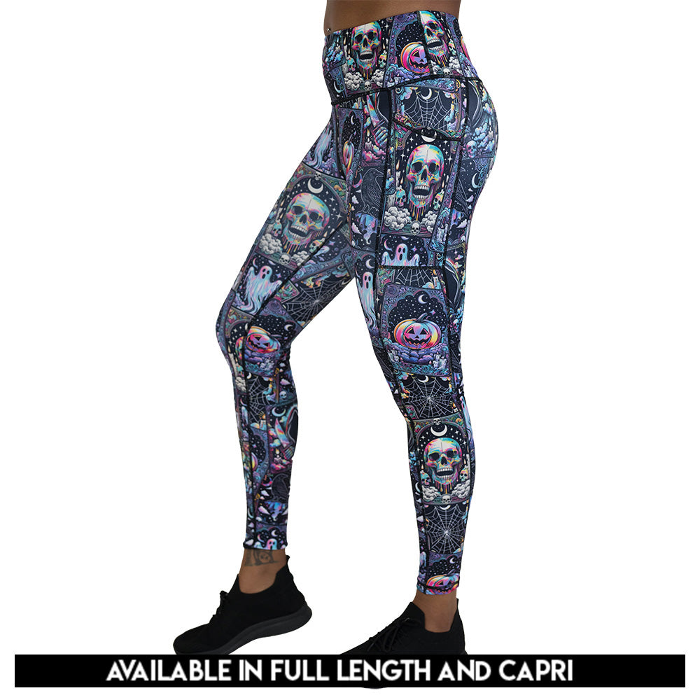 Colorful Halloween-themed leggings with skulls, ghosts, and pumpkins available in full and capri length