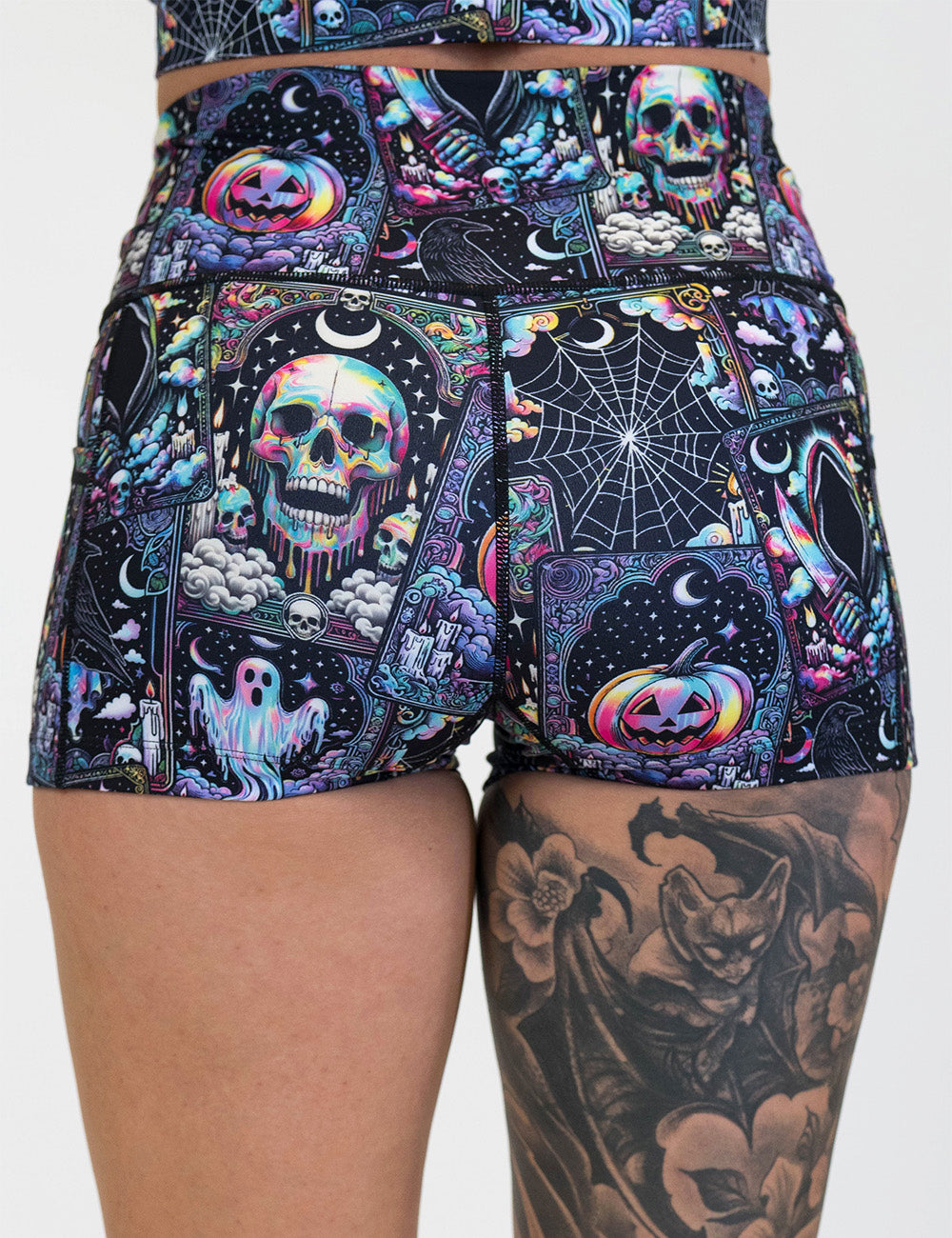 back of the rainbow skulls, jack o lantern, and ghosts 2.5 inch shorts against a white background