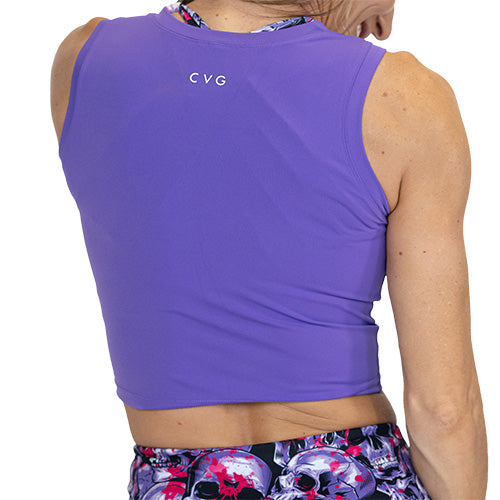 back of solid purple fitted crop top